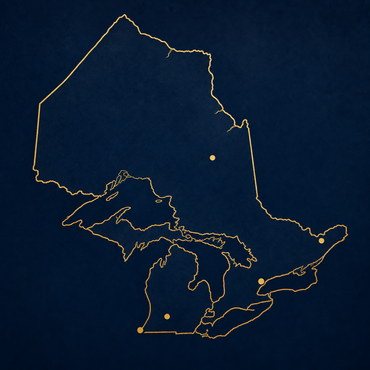 Stylized gold-on-navy outline map of Ontario, Canada