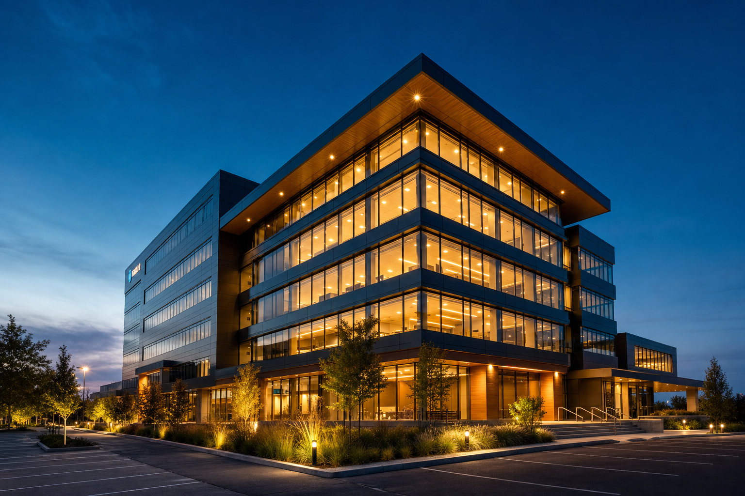 Modern commercial building exterior at twilight