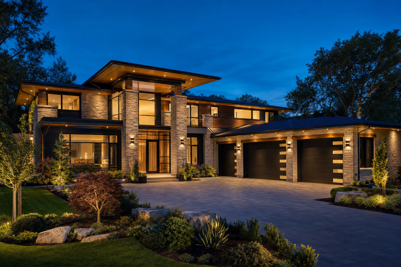 Luxury custom home with stone and glass facade